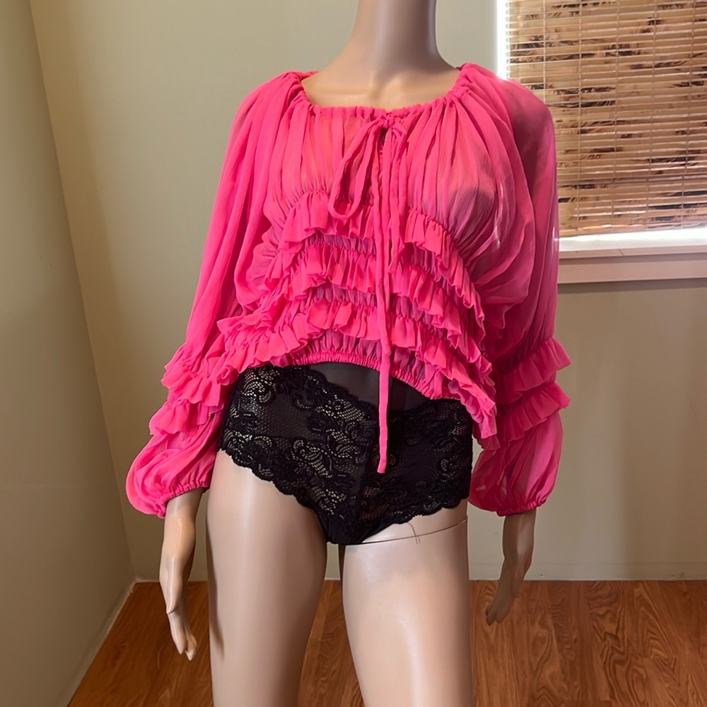 Black Boutique Hot Pink Sheer Ruffled Tier Blouse Size M